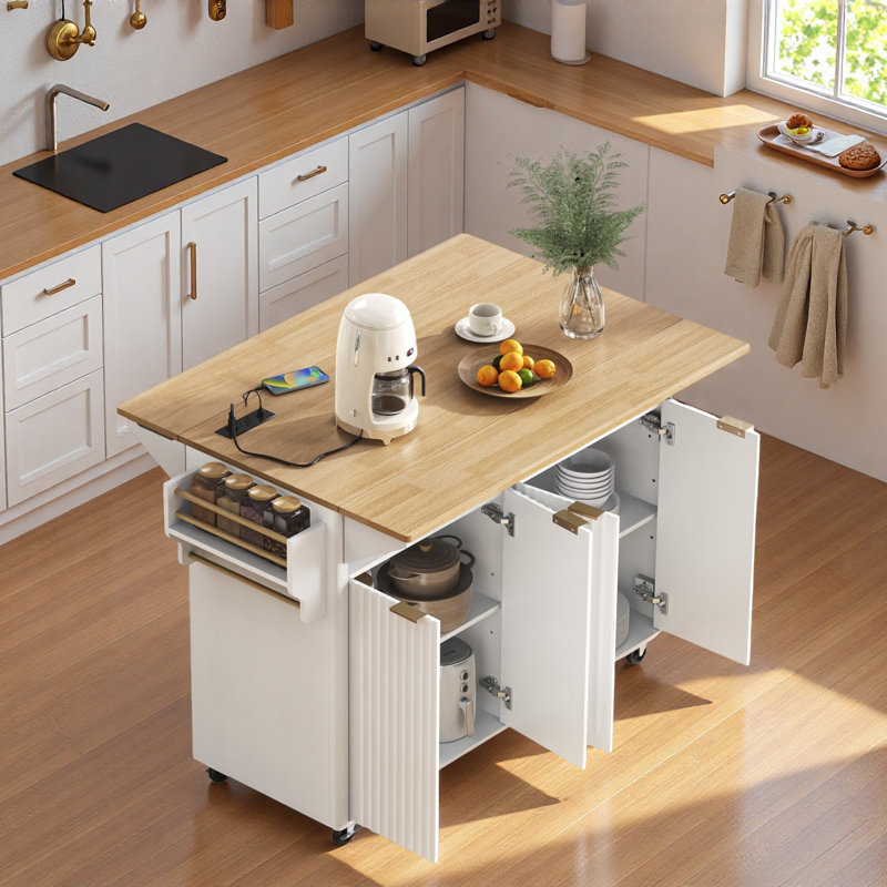 Fluted Kitchen Island With Drop Leaf, Power Outlet, Towel Rack, Spice Rack And Open Compartment