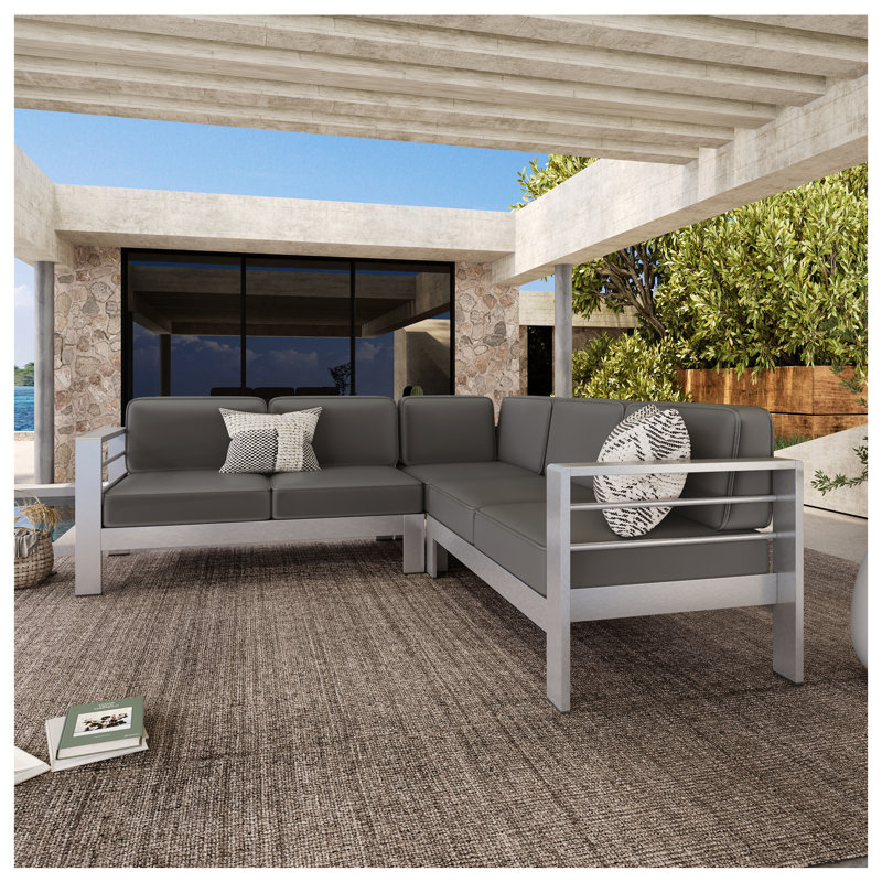 Ensemble modulaire d'extérieur en aluminium pour 4 personnes avec tissu imperméable de couleur kaki et gris argenté