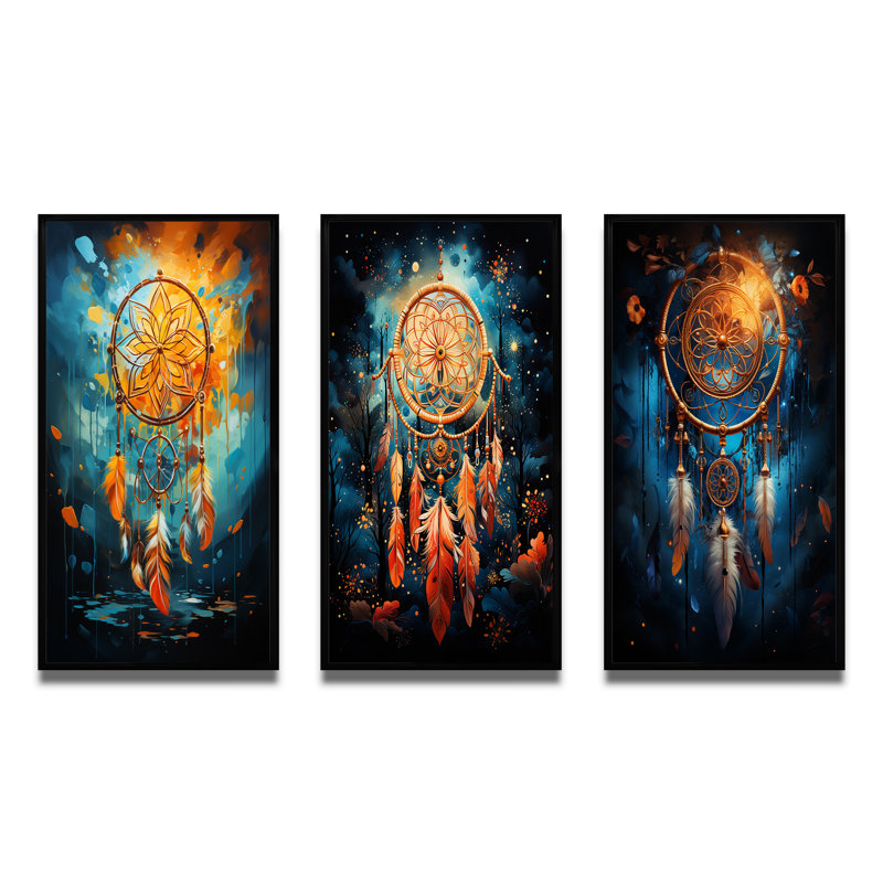 «Mystic Dreamcatcher Dreamscape», 3 pièces sur toile, H 40 po x l 60 po, Cadre noir