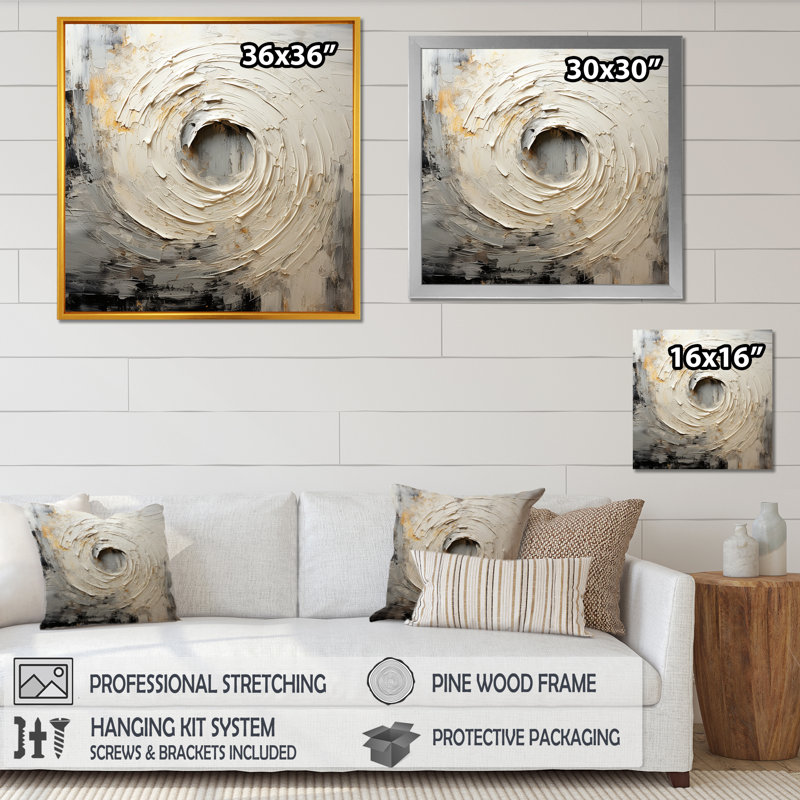 " Grey Beige Meditative Movement I ", Black Floater Framed Canvas, 30" H x 30" W x 1" D