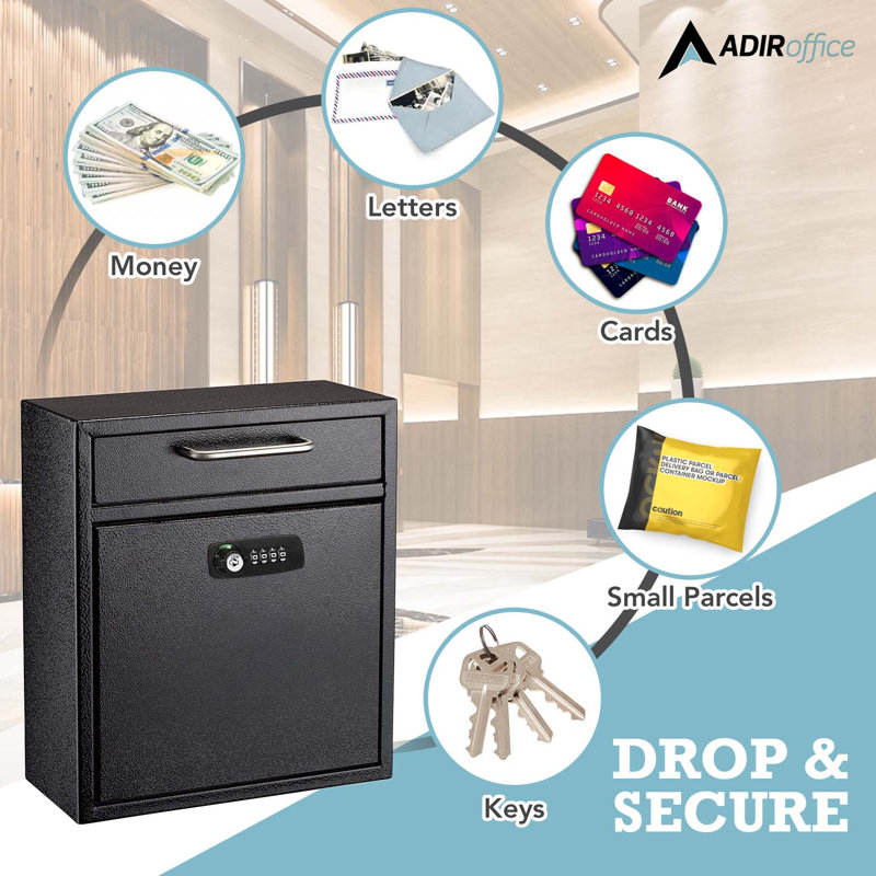 Medium Drop Box Wall Mounted Locking Mailbox With Key And Combination Lock, 12" H x 10.4" W x 4.5" D, Black