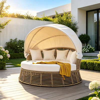 Outdoor Round Wicker Patio Daybed with Canopy Cushions and Pillows