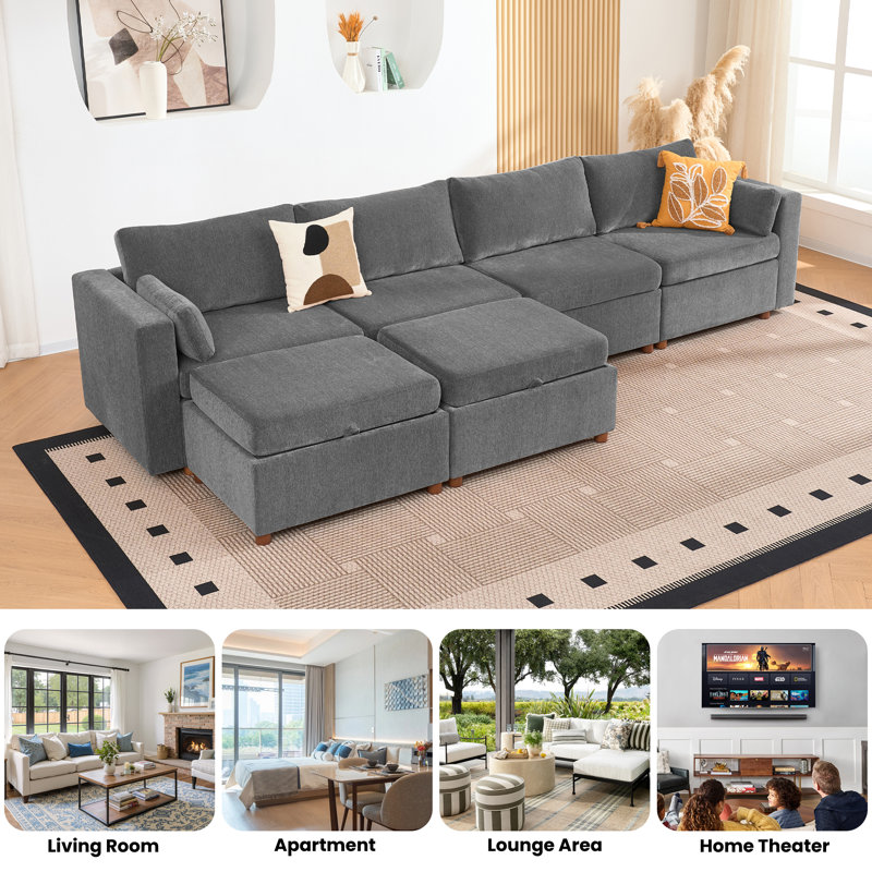  Canapé modulaire 112 po avec repose-pieds de rangement 112 po, canapé en U 5 places, gris, Grey Chenille