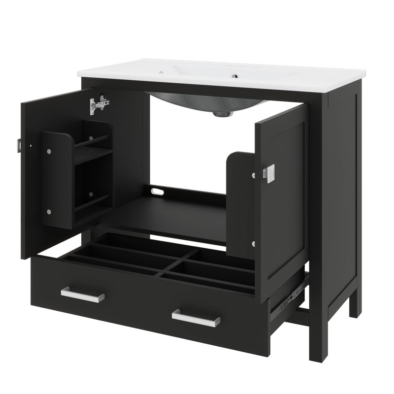 Meuble-lavabo 36 po avec lavabo en céramique, portes à fermeture douce, tablettes de rangement doubles et tiroir divisé, Noir