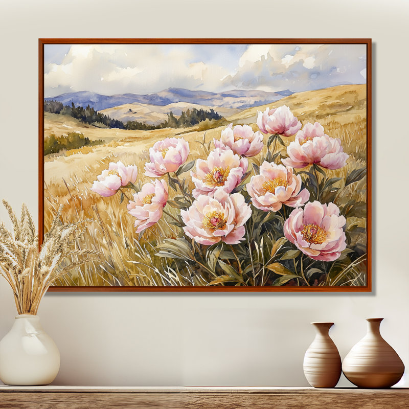 Art de grandes montagnes pivoines de montagne III - pivoines, H 30 po x l 40 po, Cadre flottant, Brun