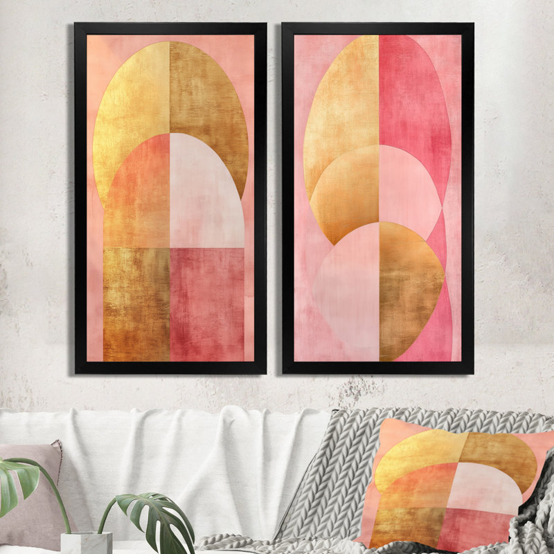 «Pink and Gold Flow Arcs», ensemble d'art mural moderne sur toile abstraite, H 40 po x l 40 po, Black Picture Framed
