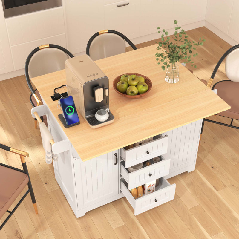 55.7'' Large Kitchen Island With 2 Drop Leaf,5 Wheels With Power Outlet, Folding Storage Dining Table With Spice & Towel Rack