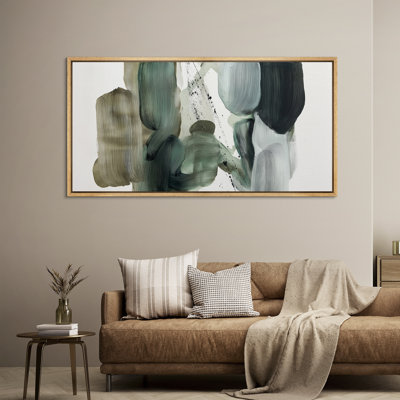 Composition moderne d'un coup de pinceau vert dans un style minimaliste contemporain - grande impression sur toile encadrée de la chambre principale