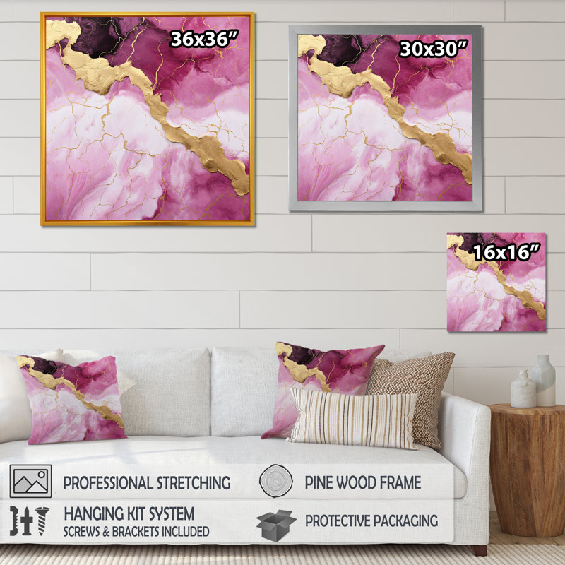 Essence de marbre rose et or IV - décoration murale en marbre, Cadre simple noir, H 30 po x l 30 po x P 1,5 po