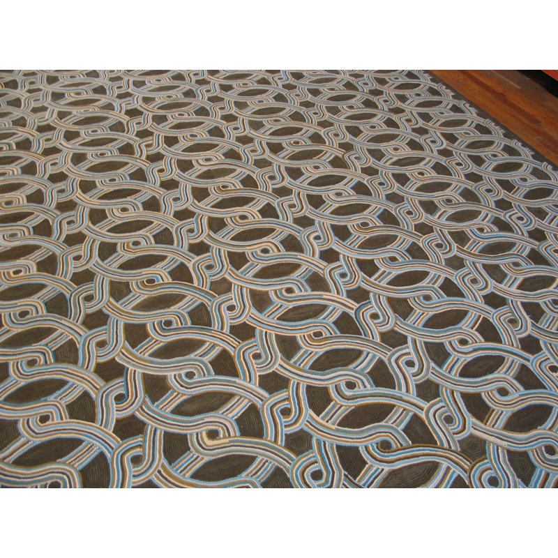 Tapis brun / bleu en laine noué à la main de conception unique 8 pi x 10 pi