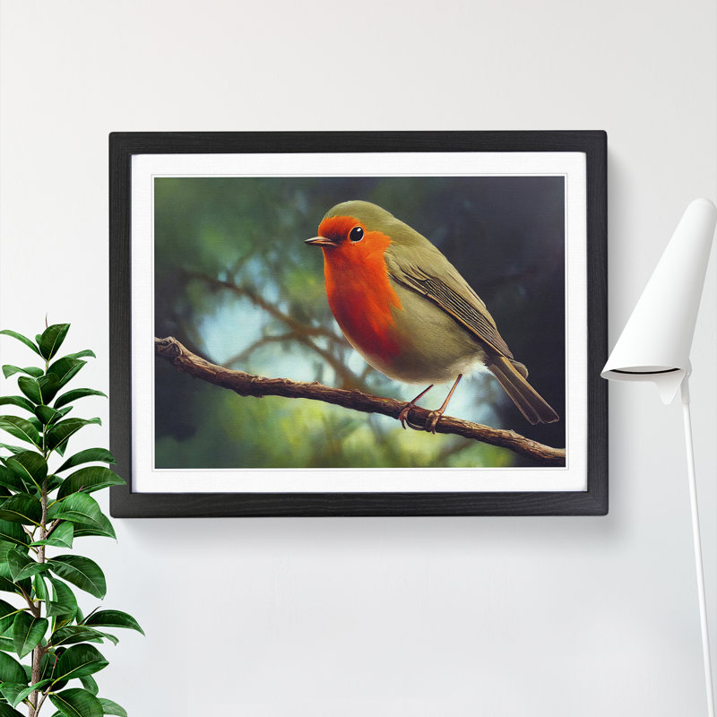 Iconic Robin Bird - Single Picture Frame Print, 46cm H x 64cm W, Black