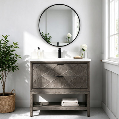 36" Transitional Freestanding Single Sink Gray Oak Solid Wood Bathroom Vanity with Engineered Marble Top