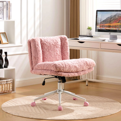 Fauteuil de bureau rose W26,4 pouces à siège plus large, fauteuil de bureau en poils de lapin artificiel, avec base en métal, chaise de bureau pivotante réglable, fauteuil de coiffeuse, 1818
