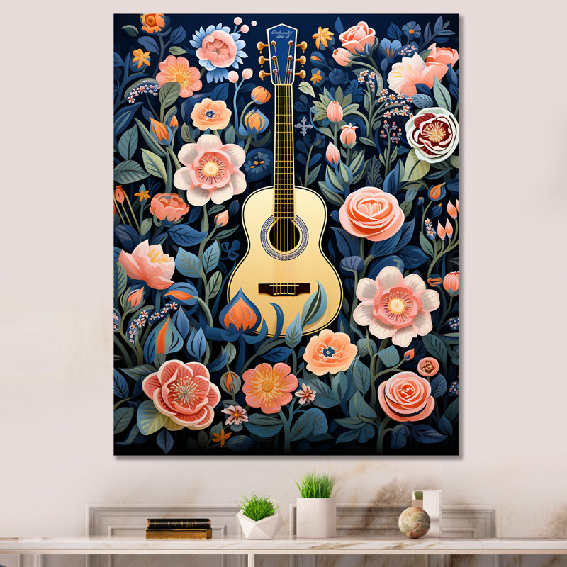 «Pink Floral Harmony» - art mural musique, Toile tendue, H 32 po x l 16 po x P 1 po