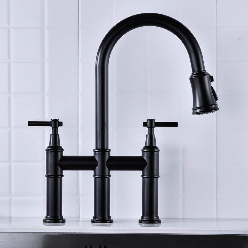 Matte Black Bridge Kitchen Faucet With Pull-Down Functionality - Dual Handle For Precise Flow And Temperature Adjustment 360 Rotating High Nozzle Enhanced Sink Space Quality Brass Material Durability