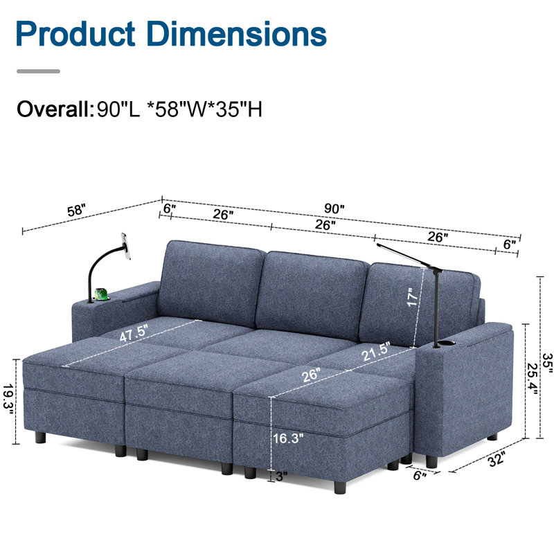 7 pièces - Canapé modulaire en forme de lit avec rangement et 3 repose-pieds pour le salon, Mélange de polyester bleu marine