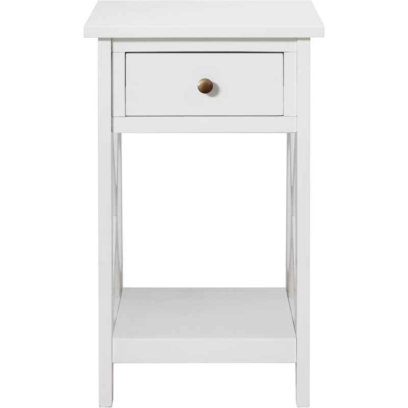 Table de bout carrée en bois franc massif avec tiroir et étagère de rangement Brookstonval, Blanc