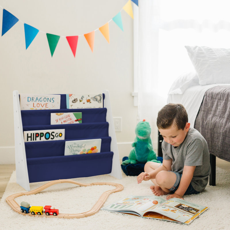 Compact White Melamine Kids Sling Bookshelf with Fabric Pockets