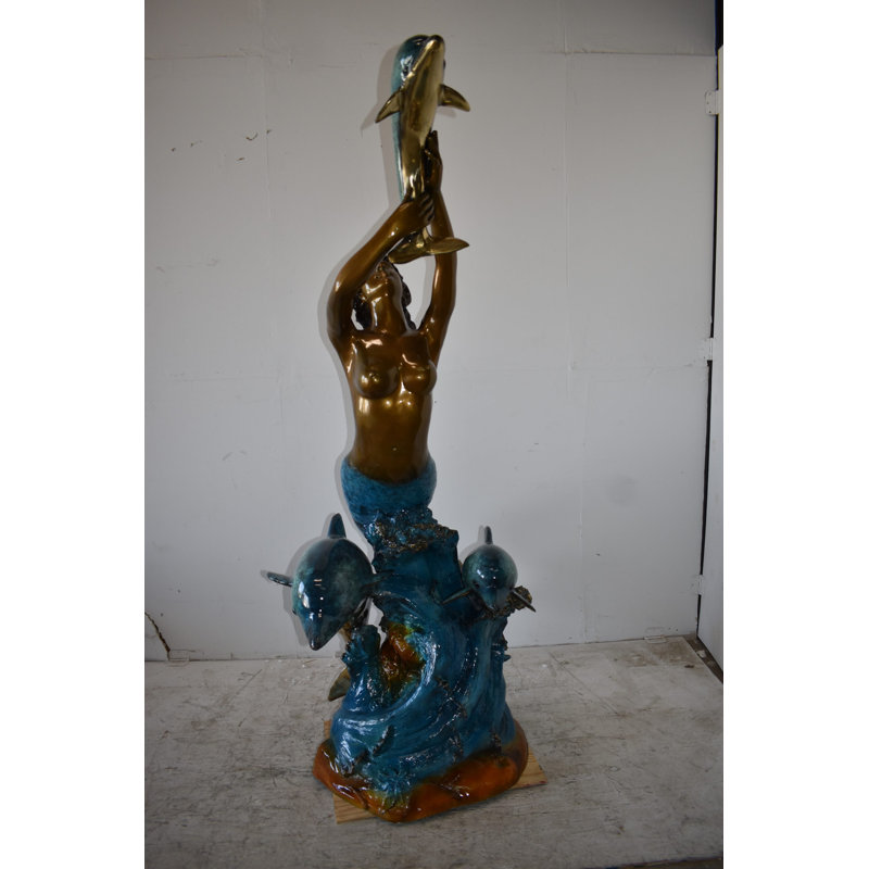 Fontaine en bronze émaillé sirène avec trois dauphins, taille: 34 po x 41 po x H 83 po