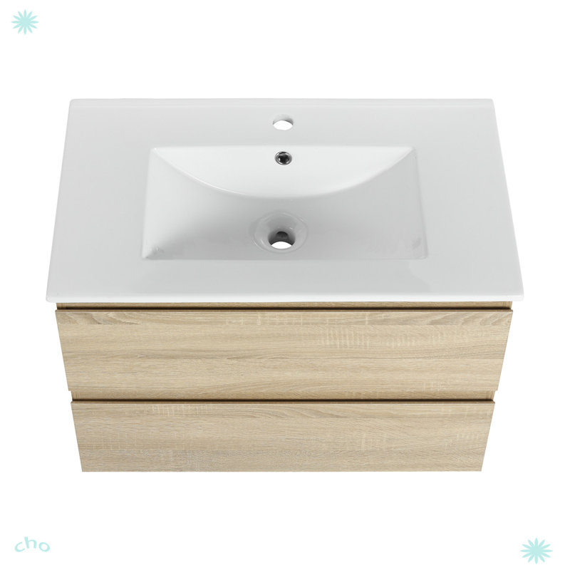 Meuble-lavabo mural 30 po avec lavabo en céramique noire, Chêne clair