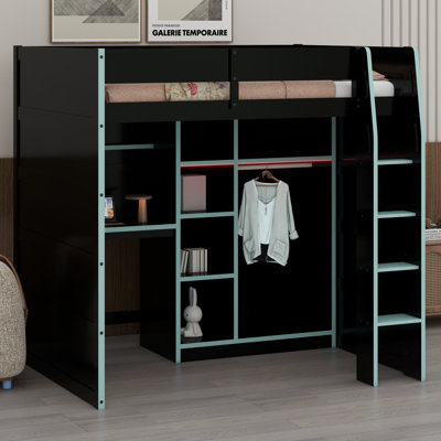 Wood Loft Bed With Desk,Open Wardrobe,Storage Compartments And RGB Lights