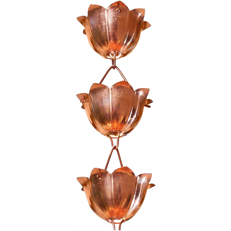 Pure Copper Lotus Flower Rain Chain with Large Cups, 8.5 Feet