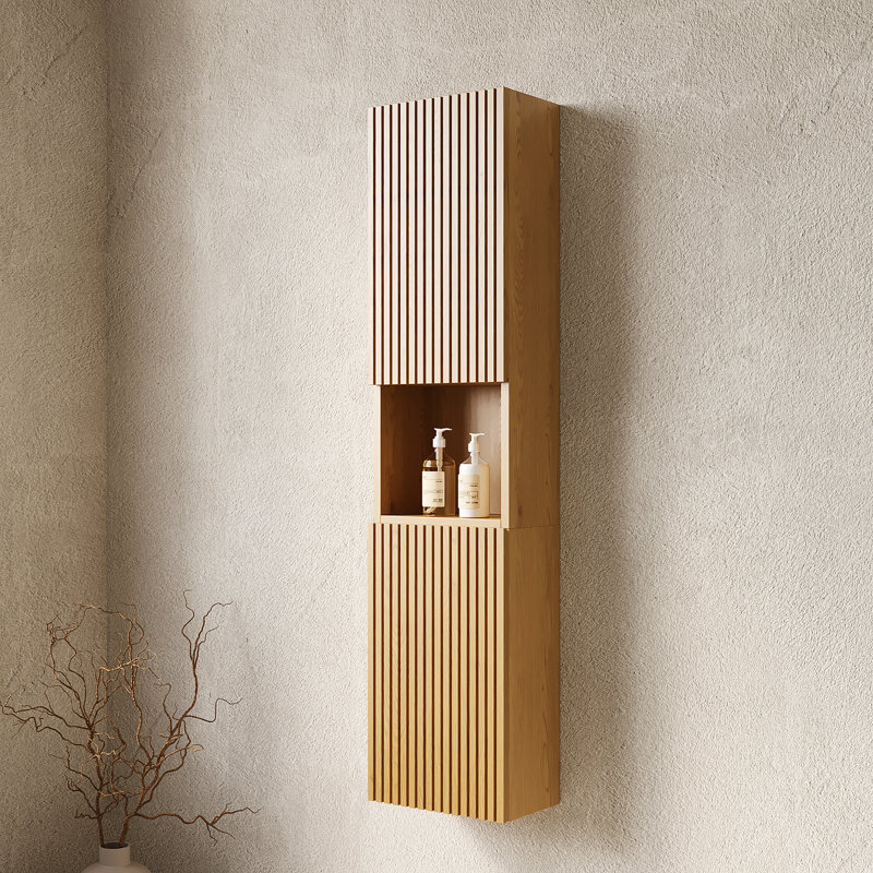 Armoire en chêne pour petits espaces - Grande salle de bain étroite de 59 po avec portes et tablettes à fixation murale