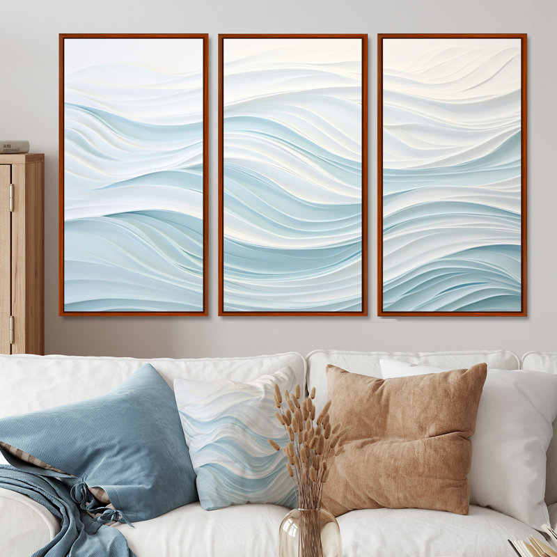 «Blue and White Simplicity Wave», ensemble d'art mural sur toile marbrée, H 28 po x l 36 po x P 1 po, Cadre flottant brun