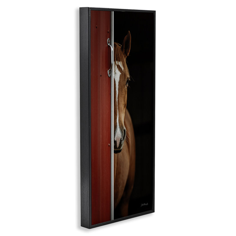 «Brown Stallion Peeking», estampe numérique par Dakota Diener, Giclée encadrée noir minuit, H 30 po x l 13 po