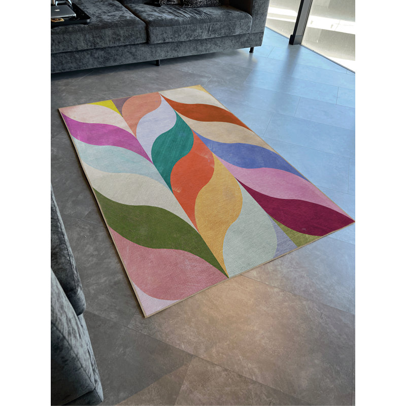 Multi-Colored Abstract Wavy Shape Patterned Modern Decorative Rug, Runner 3'3.37" x 6'6.74"