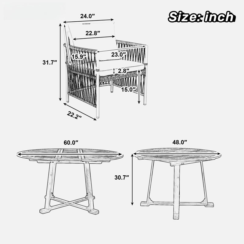 5-piece Patio Dining Table Set Included 1 Extendable Coffee Table, 4 Rattan Arm Chairs With Cushions And Iron Frame