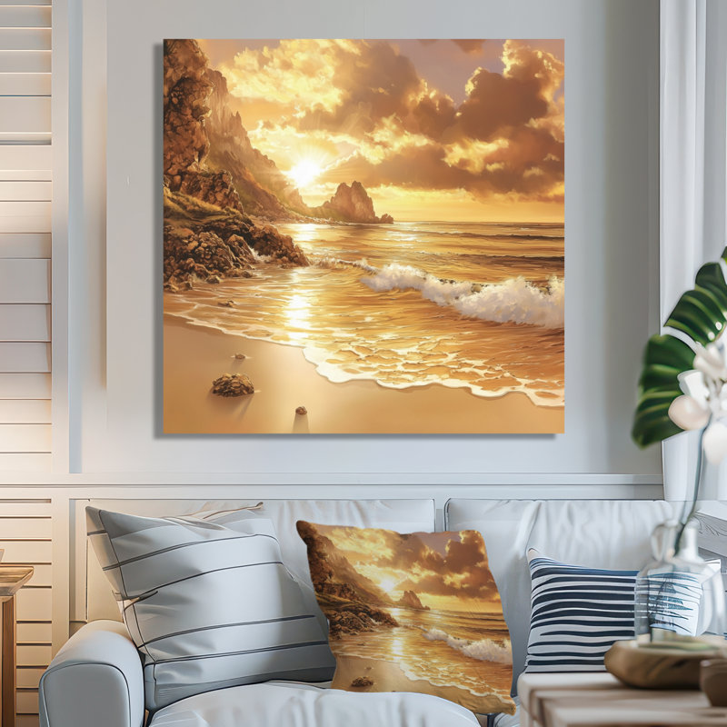 Beachside Cliff At Sunrise I - Décoration murale en métal plage, impression métallique nautique, H 16 po x l 16 po