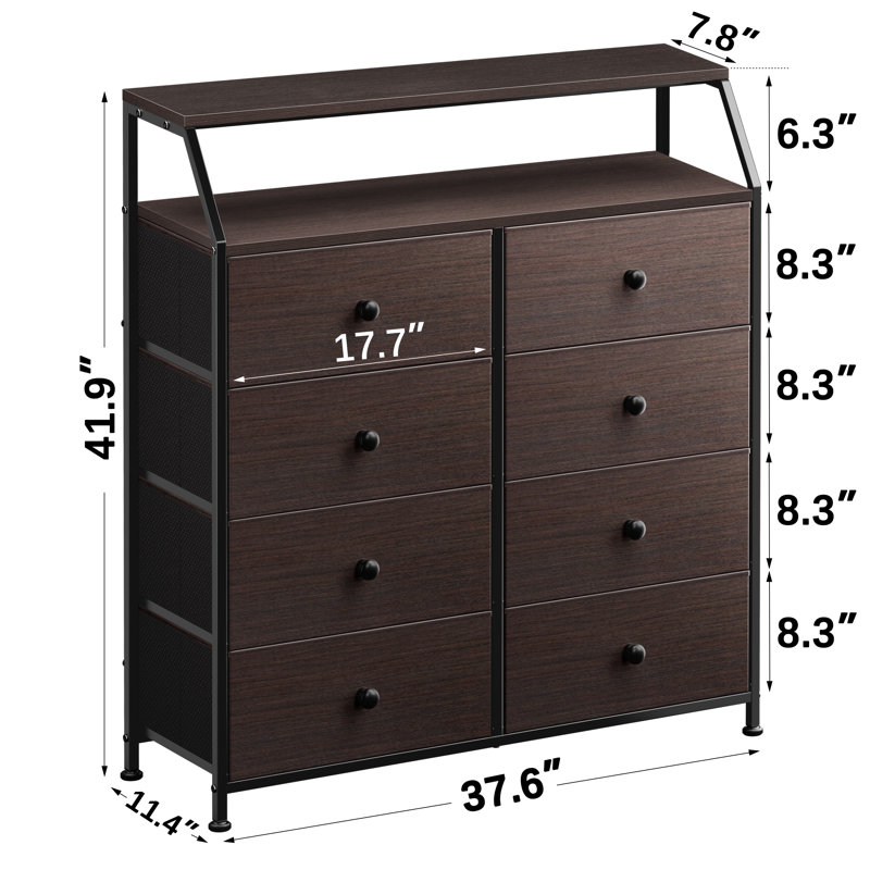 Ojaswi 8 Drawer, Double Dresser with Wooden, Chest of Drawer in 37.6'', Brown