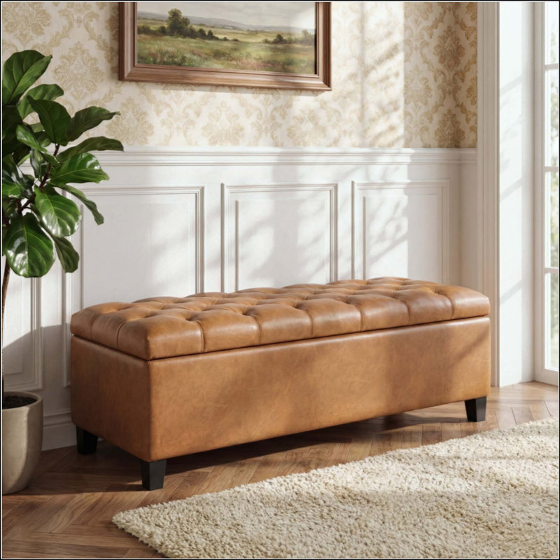 Banc repose-pieds avec rangement, surface en polyuréthane, pieds en bois d'hévéa, capacité de 300 lb, Brun
