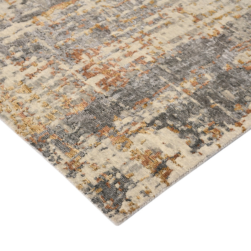 Tapis rectangulaire gris / beige en soie / laine noué à la main Rectangle Serena, Rectangle 9 pi x 12 pi