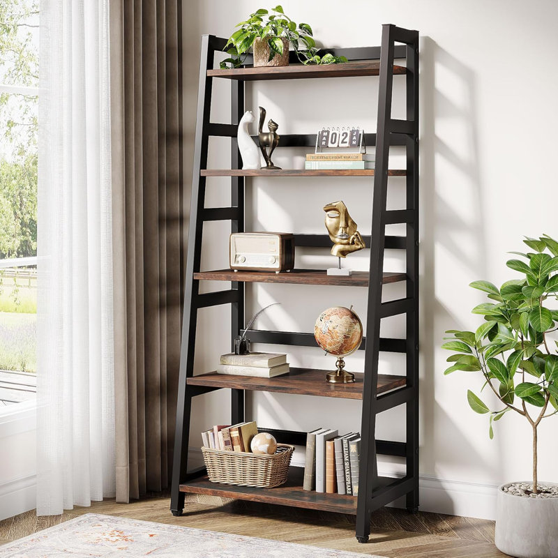 Ladder Bookcase 5-Tier Bookshelf, Black/Brown