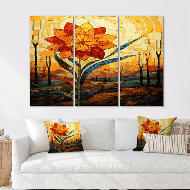 Ensemble de salon art mural rouge et jaune, Toile tendue, H 40 po x l 60 po x P 1 po