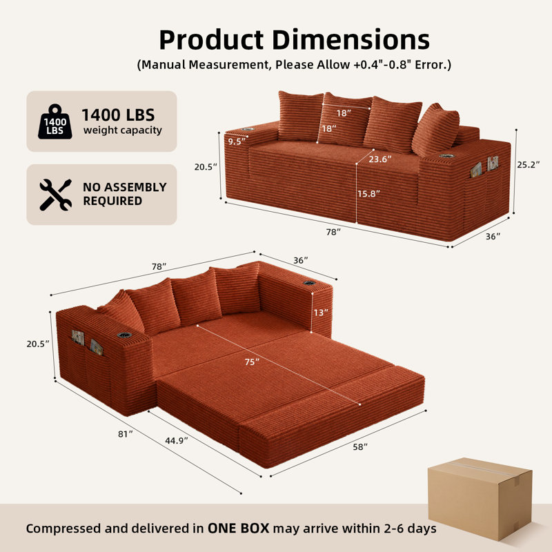 Upholstered 78 " Cotton Sofa, Orange