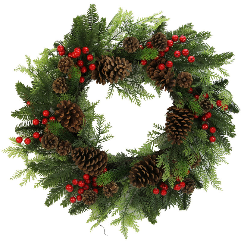 Couronne en plastique cèdre 24" en faux bouquet de fleurs et baies naturelles