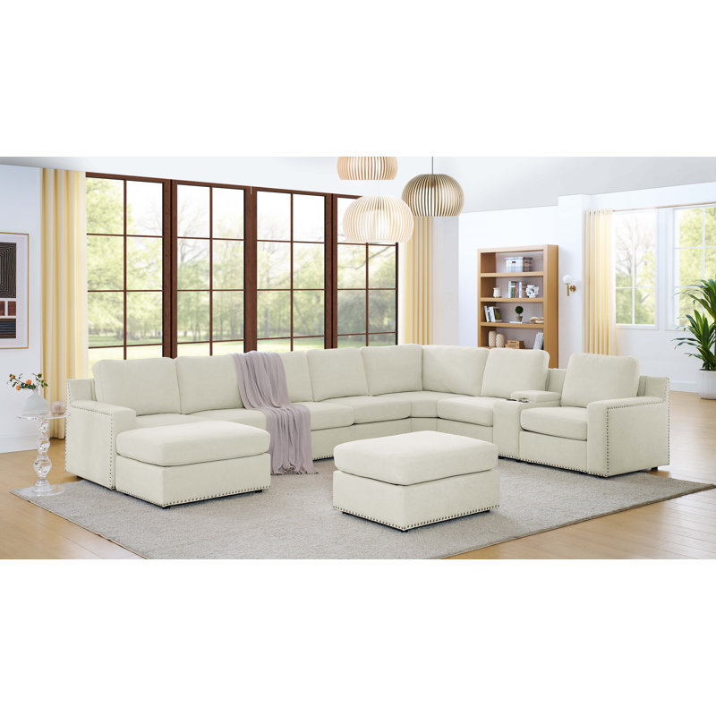Arhab Upholstered U-Shaped Sectional Reversible, Beige Polyester Blend
