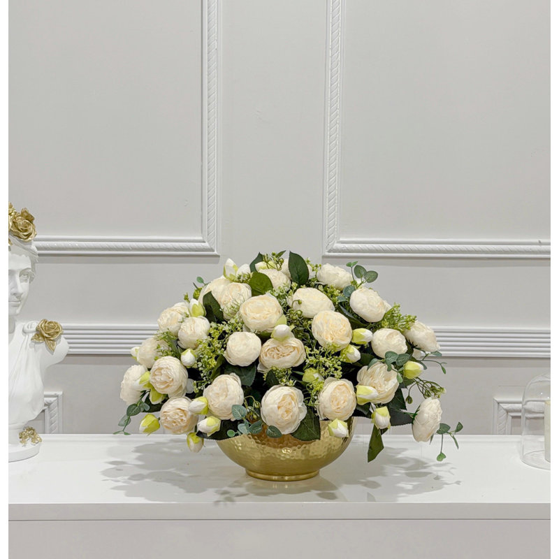 Large Faux White Peony Centerpiece: French Country Gold Vase Arrangement