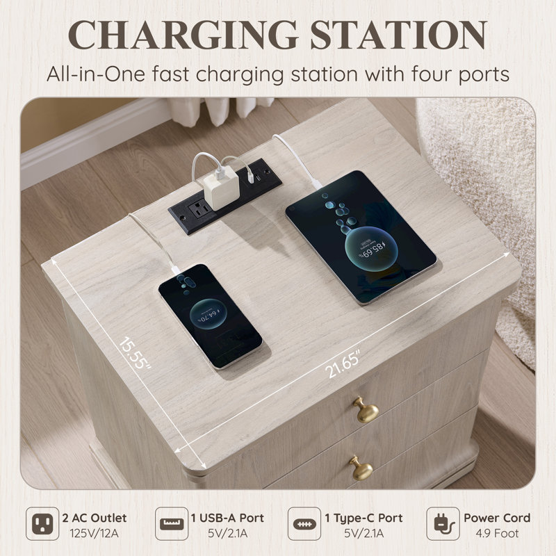 Table de chevet moderne de 23,6 po avec station de charge Abarca, table de chevet en bois de 21,65 po de largeur avec 3 tiroirs de rangement, grande table de bout de style Mid-Century pour chambre à coucher, crème