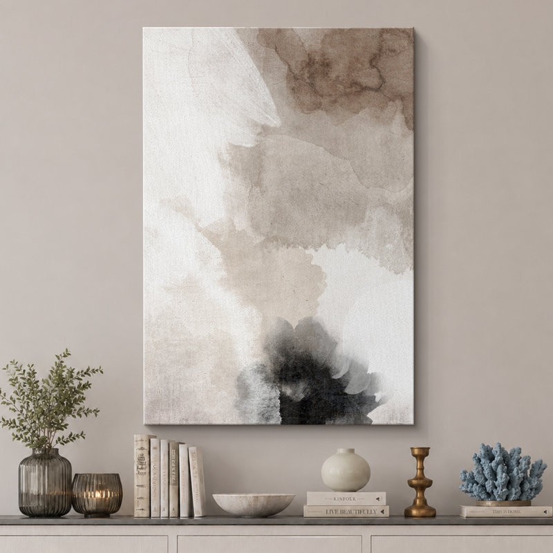 Grunge Abstract Paint Stroke Effect "Faded Tan And Gray Neutral Artwork, Minimalist Modern Contemporary Living Room Wall Pictures, Canvas Giclee Print Wall Art"