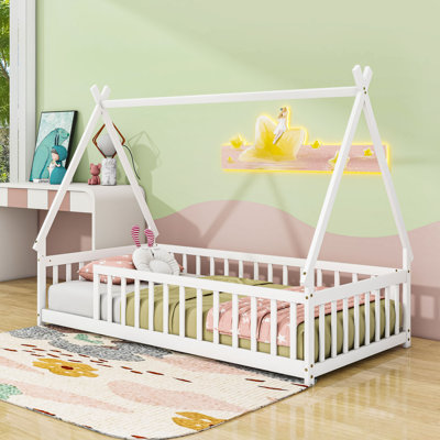 Twin-Sized Floor Bed With Safety Guardrails And Slats