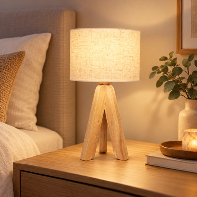 7 Inch Natural Wood Tripod Table Lamp with White Fabric Shade for Cozy Bedside Ambiance