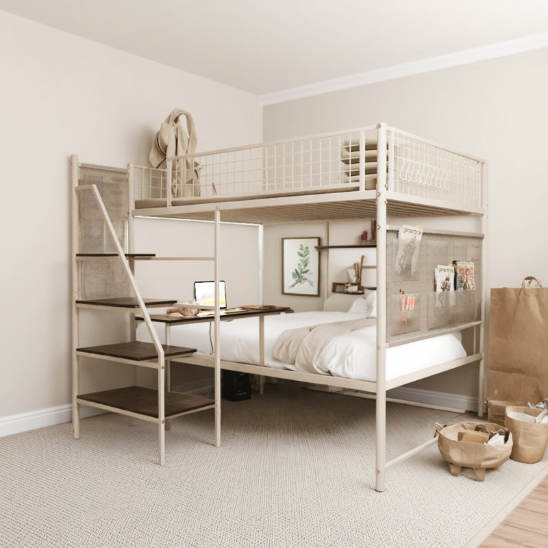 Full-size Metal Loft Bed - Ideal For Bedrooms And Dorms, It Comes With A Built-in Charging Station And Led Lighting, Making It Practical And Convenient In One Step.