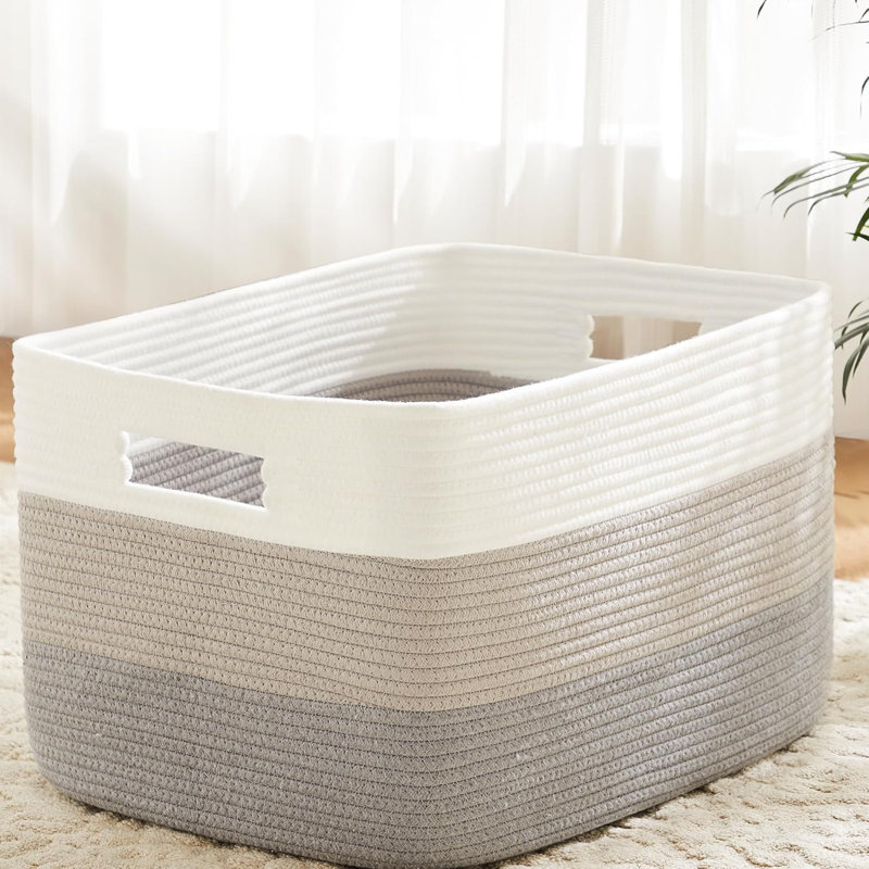Rectangle Woven Blanket Storage Basket 65L, Decorative Laundry Basket for Toys Dirty Clothes Magazine Nursery Living Room