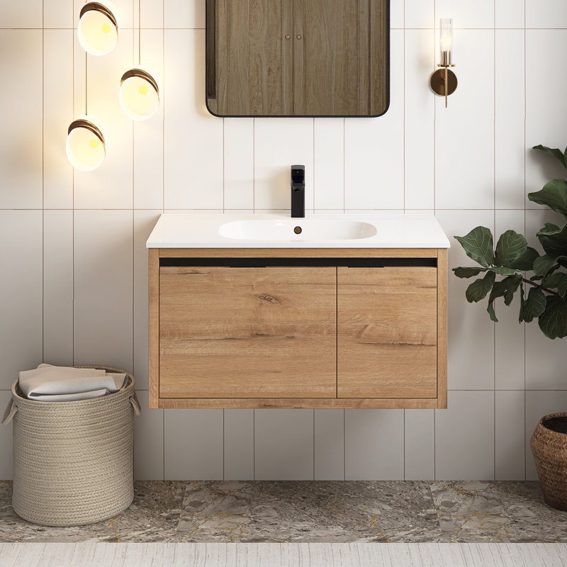 Meuble-lavabo mural simple 36 po avec plateau Rhyson, Imitation chêne