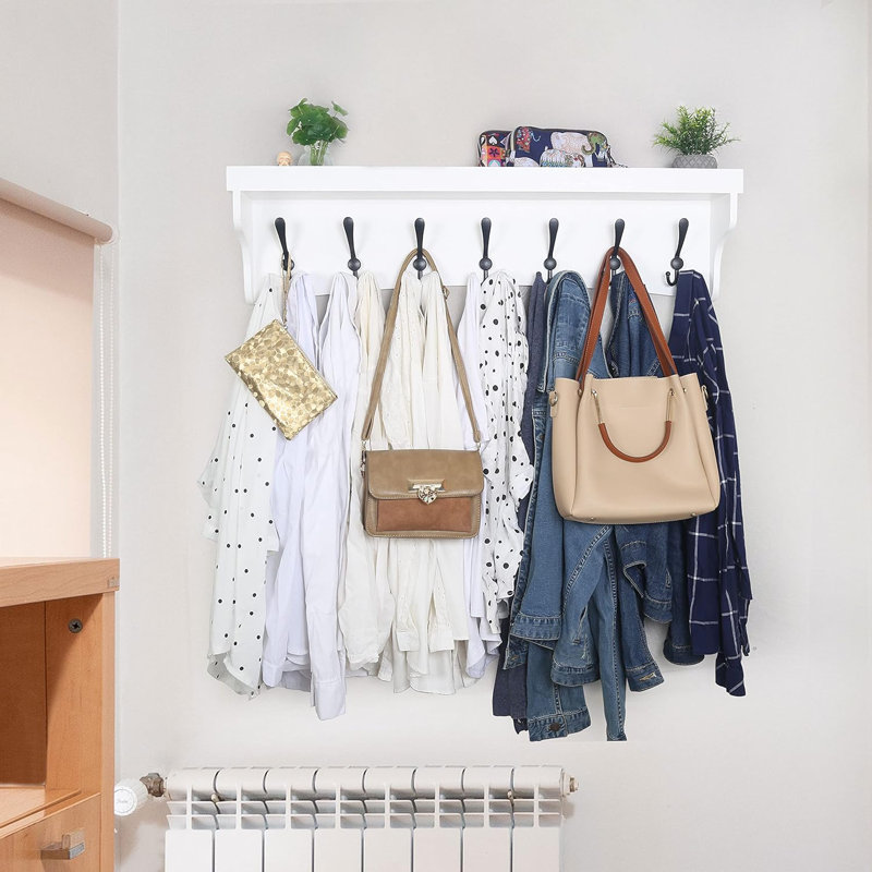 Coat Rack Wall Mount With Shelf,35’’ Long White Shelf With Hooks Underneath,Wall Mounted Coat Rack With Shelf,Key Rack For Wall,7 Triple Hooks For Hanging Coats,Bathroom,Entryway