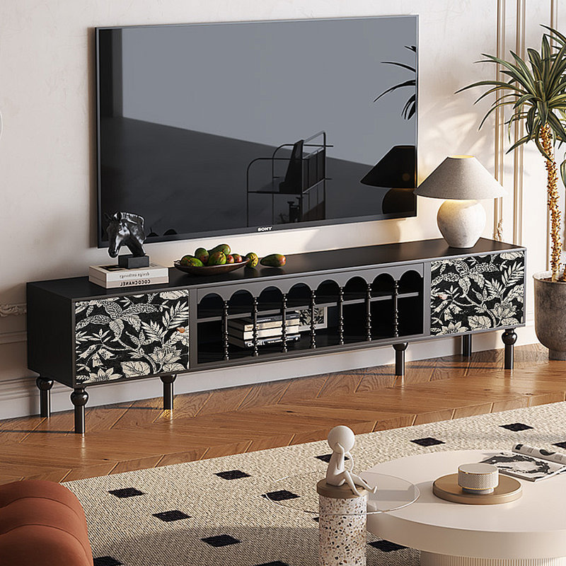 Meuble télé avec rangement peint français rétro, H 21,26 po x L 78,74 po x l 15,75 po, Noir